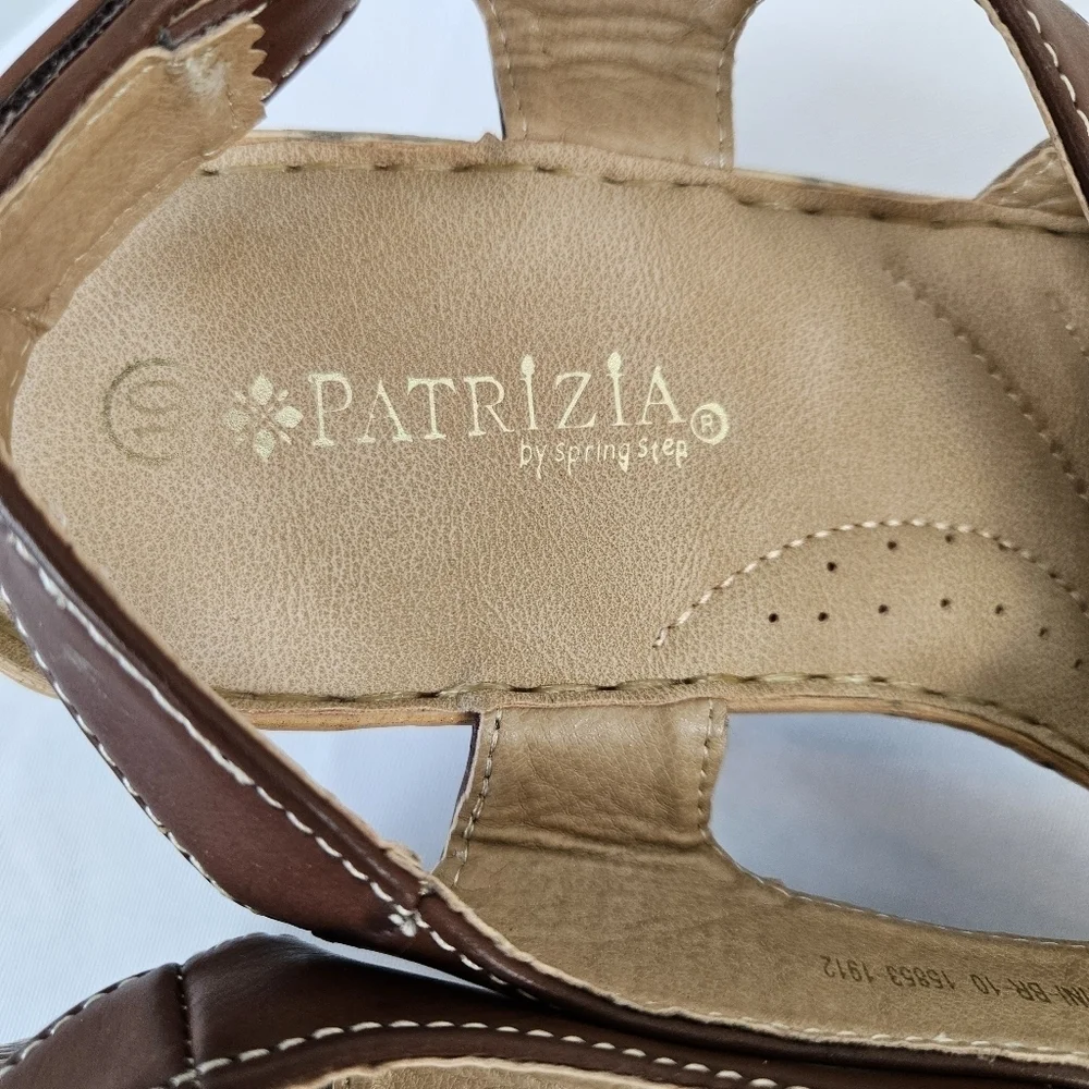 Patrizia by Spring Step Brown Faux Leather Wedge Sandals | Mid Heel Size 10